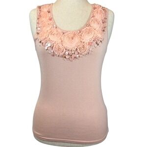 Rosette Pearl Embellished Sleeveless Tank Top Petite Large Blush Pink Coquette